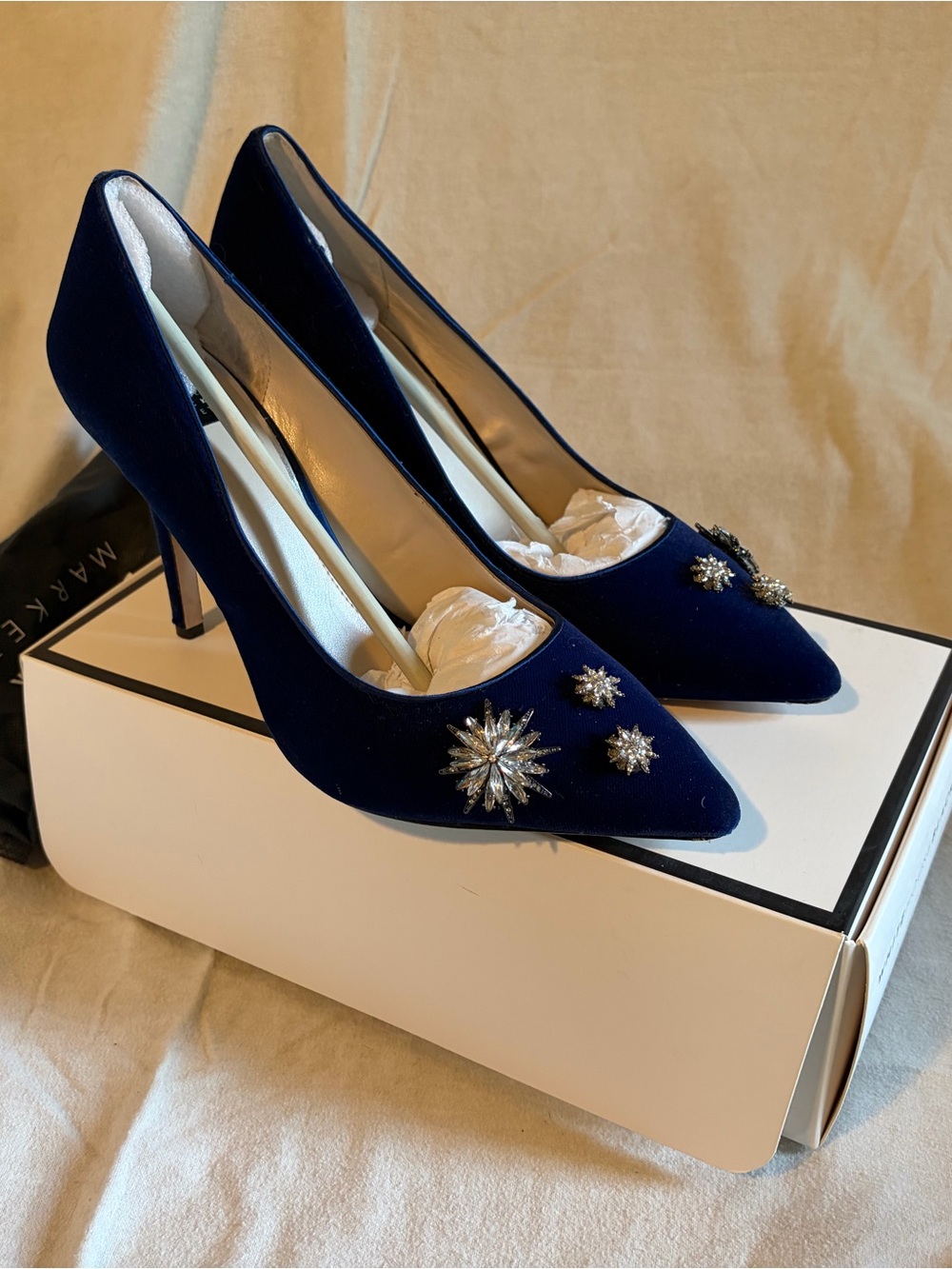 White House Black Market Navy Velvet Pointed Toe Heels with Crystal Star Accents